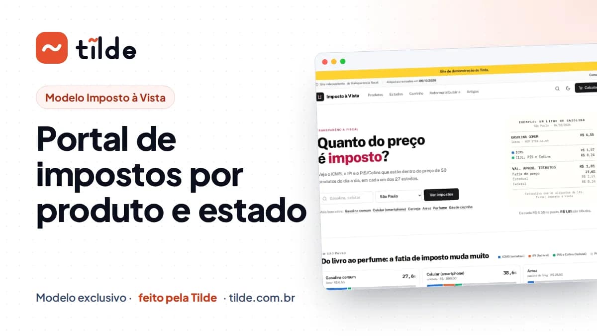 Capa com a marca Tilde e o título Portal de impostos por produto e estado