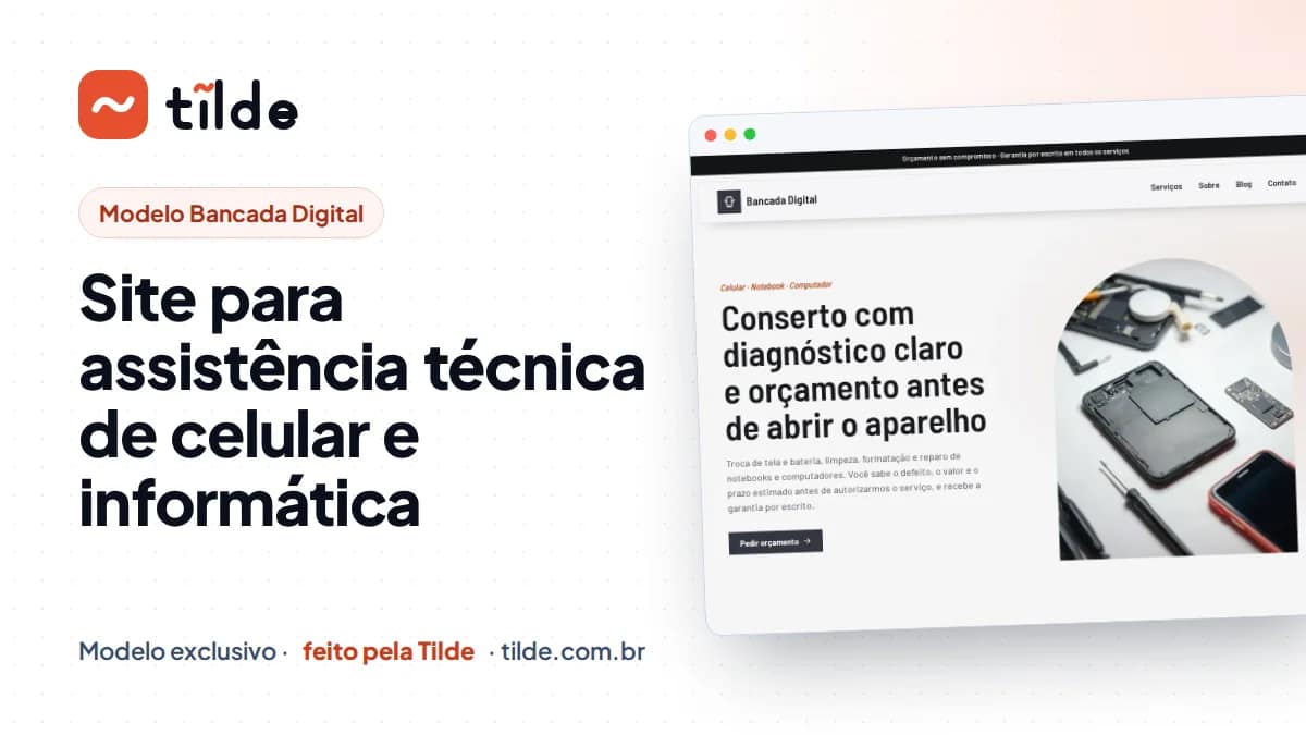 Capa com a marca Tilde e o título Site para assistência técnica de celular e informática
