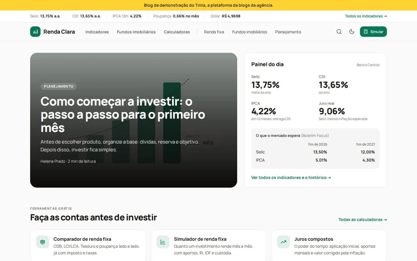 Renda Clara — portal de inversiones de Brasil con calculadoras