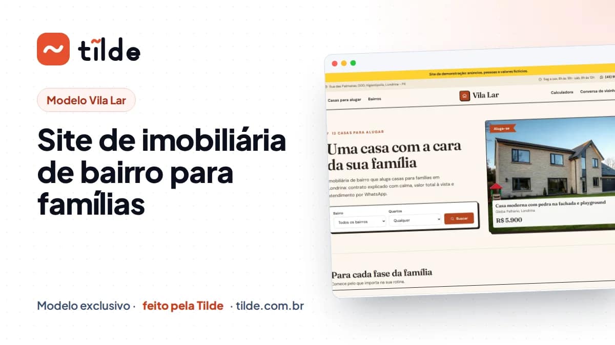 Capa com a marca Tilde e o título Site de imobiliária de bairro para famílias