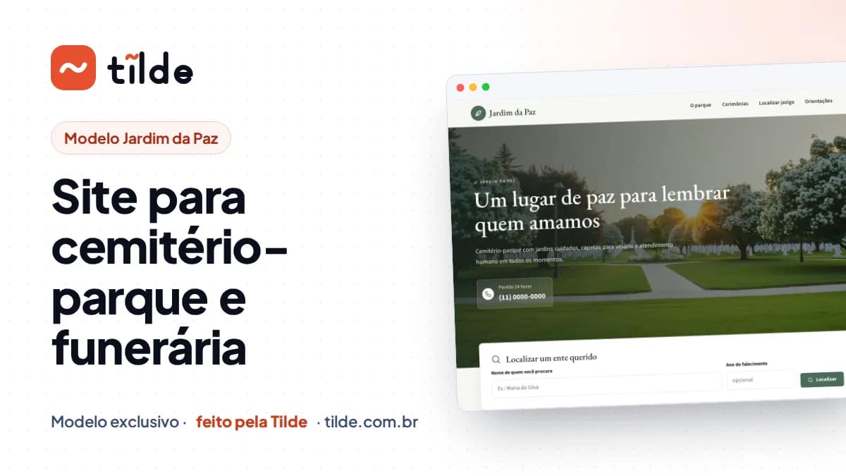 Capa com a marca Tilde e o título Site para cemitério-parque e funerária
