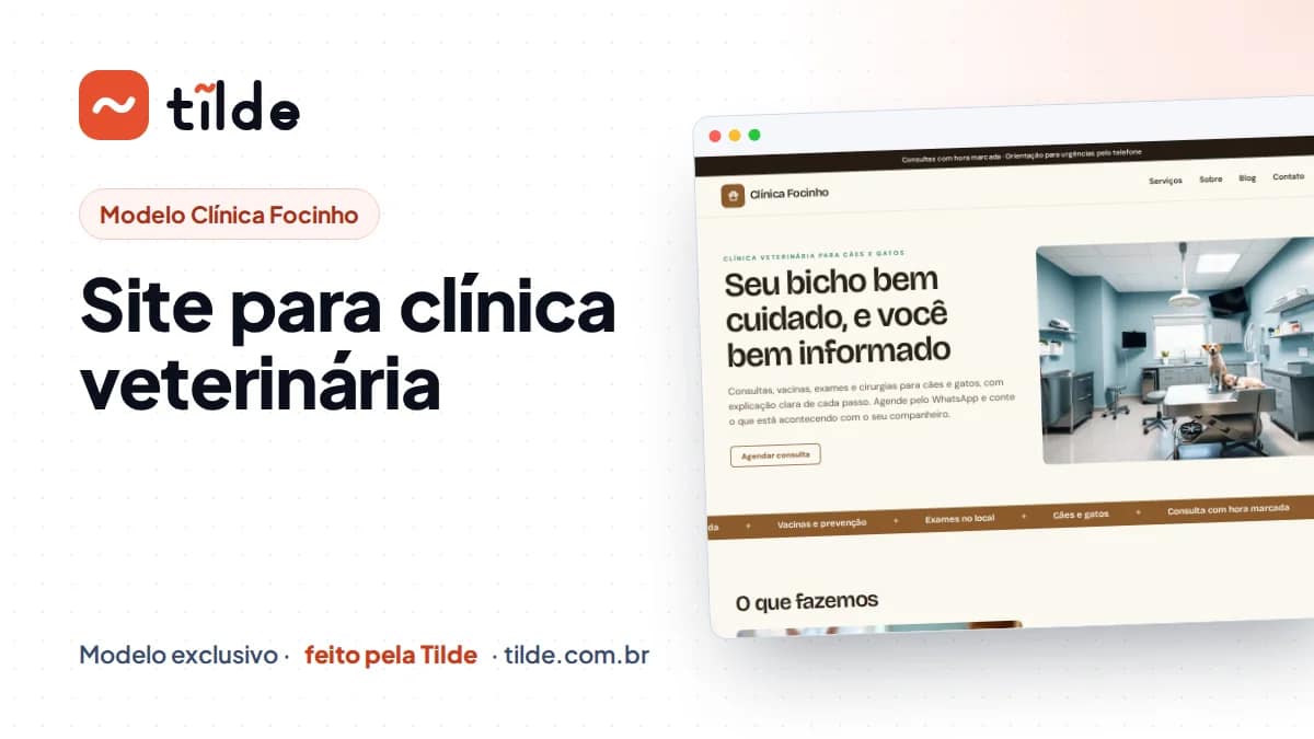 Capa com a marca Tilde e o título Site para clínica veterinária