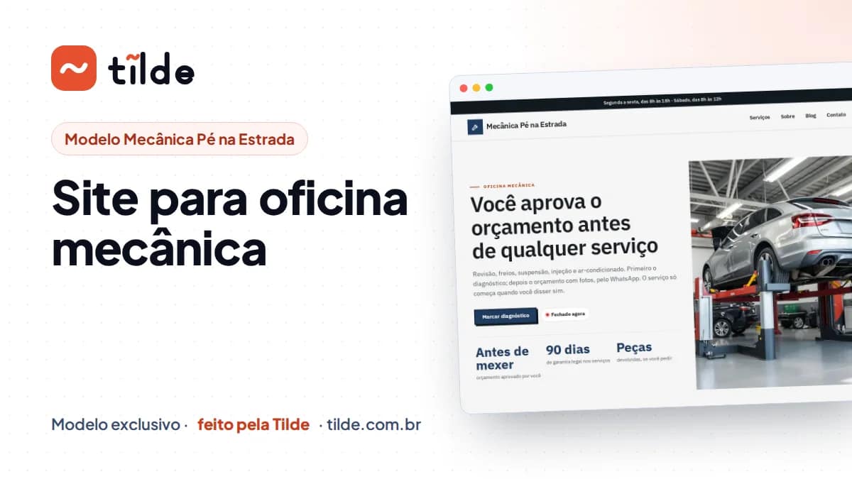 Capa com a marca Tilde e o título Site para oficina mecânica