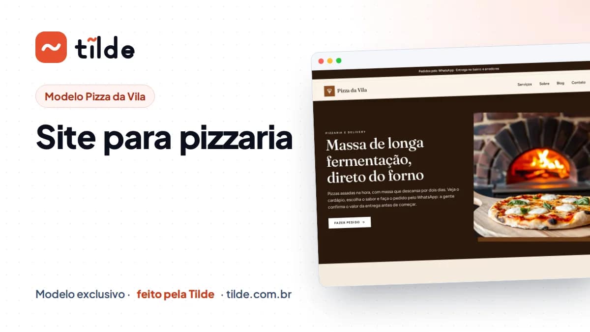 Capa com a marca Tilde e o título Site para pizzaria