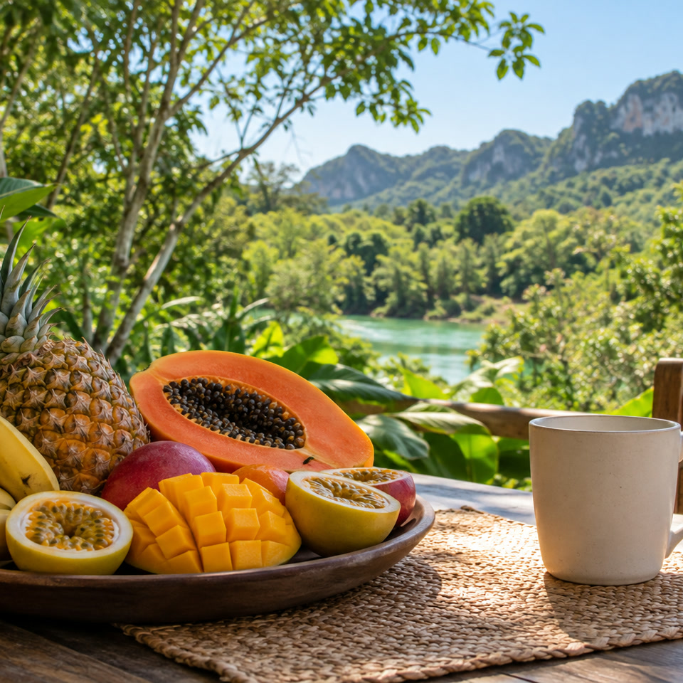 Pausa de frutas e café ilustrativa
