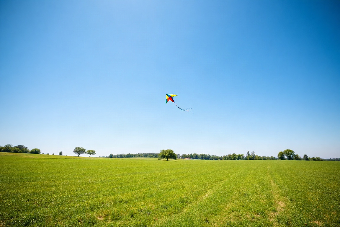 Campo aberto com uma pipa no céu