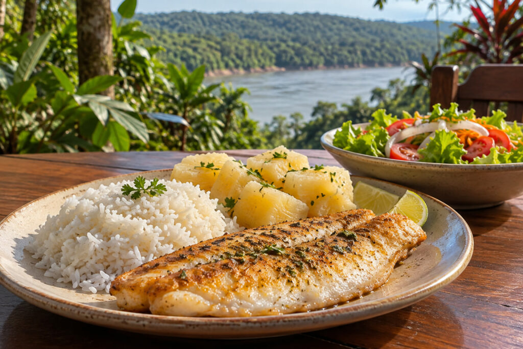 Refeição de peixe e acompanhamentos ilustrativa