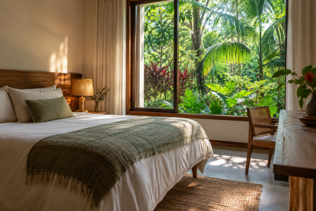Quarto e jardim ilustrativos