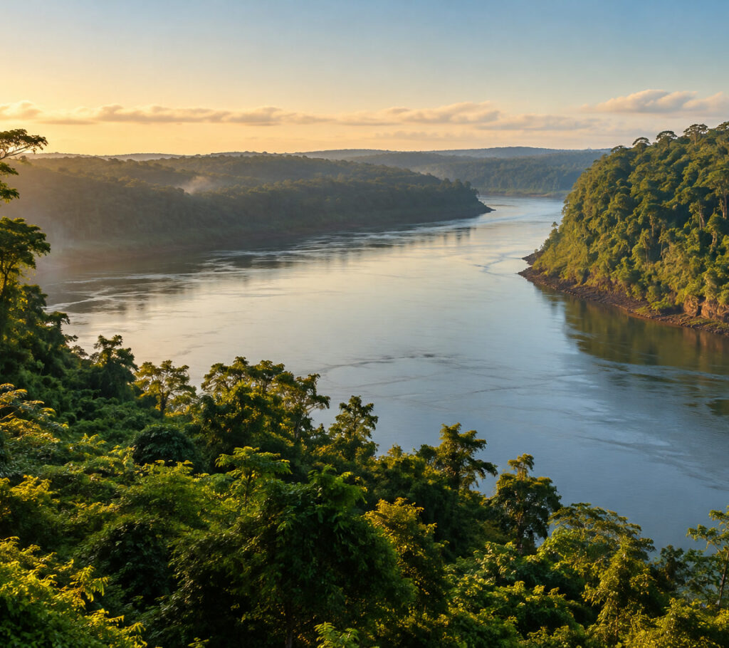 Rio e margens verdes ilustrativos