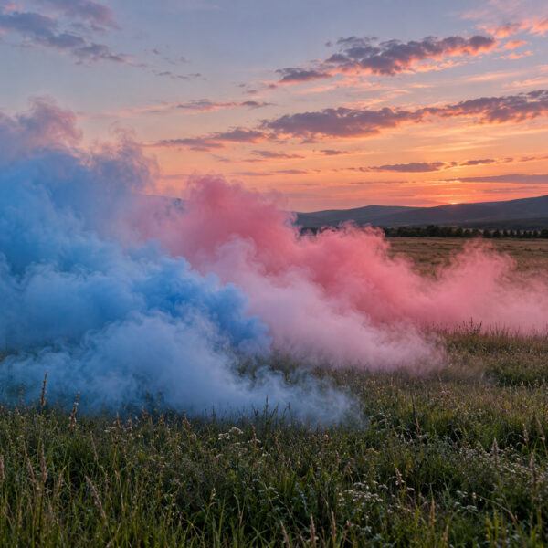 Nuvens de fumaça azul e rosa em campo aberto