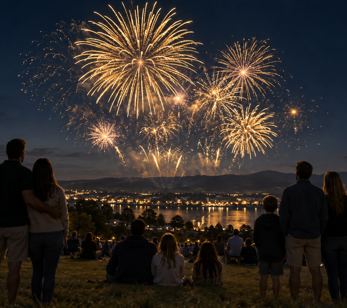 Pessoas de costas observando fogos distantes no céu