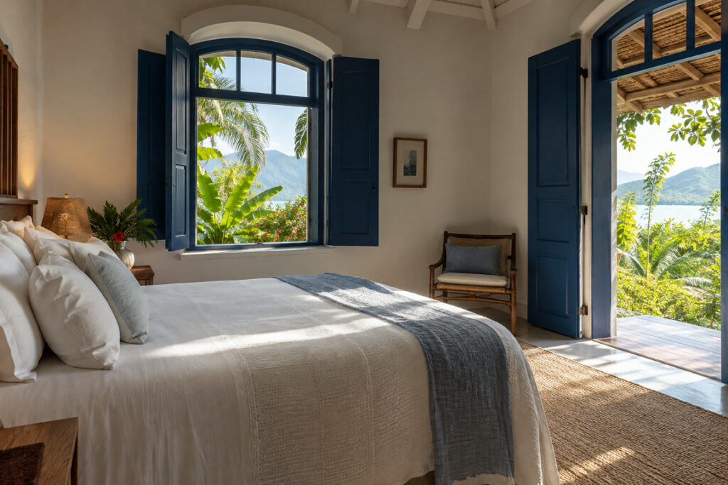 Quarto de hospedagem costeira ilustrativo