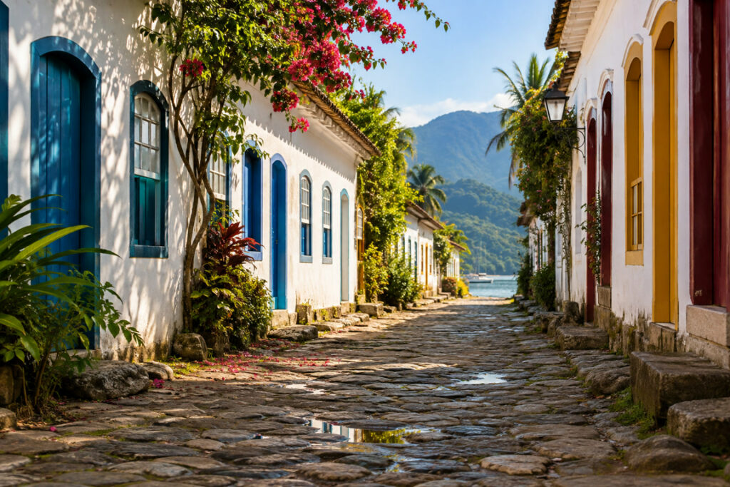Rua de pedras e casario ilustrativos