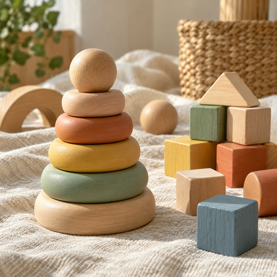 Detalhe ilustrativo de brinquedos de madeira