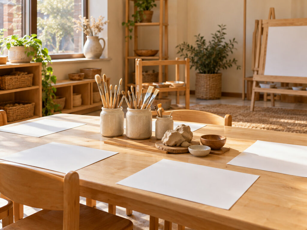 Mesa de ateliê ilustrativa com materiais sem inscrições