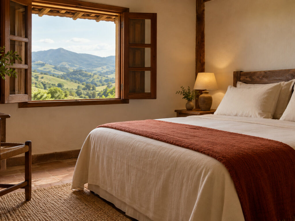 Quarto Horizonte fictício, com vista ilustrativa para colinas