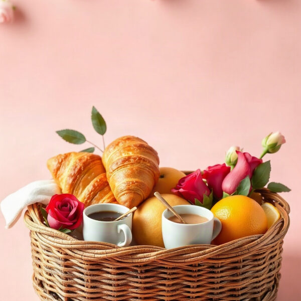 Cesta de café da manhã com croissants e rosas