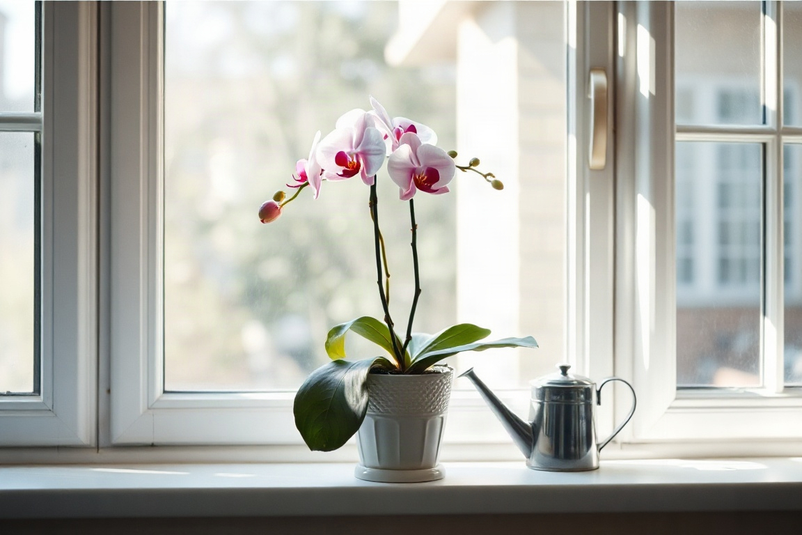 Orquídea na janela com regador