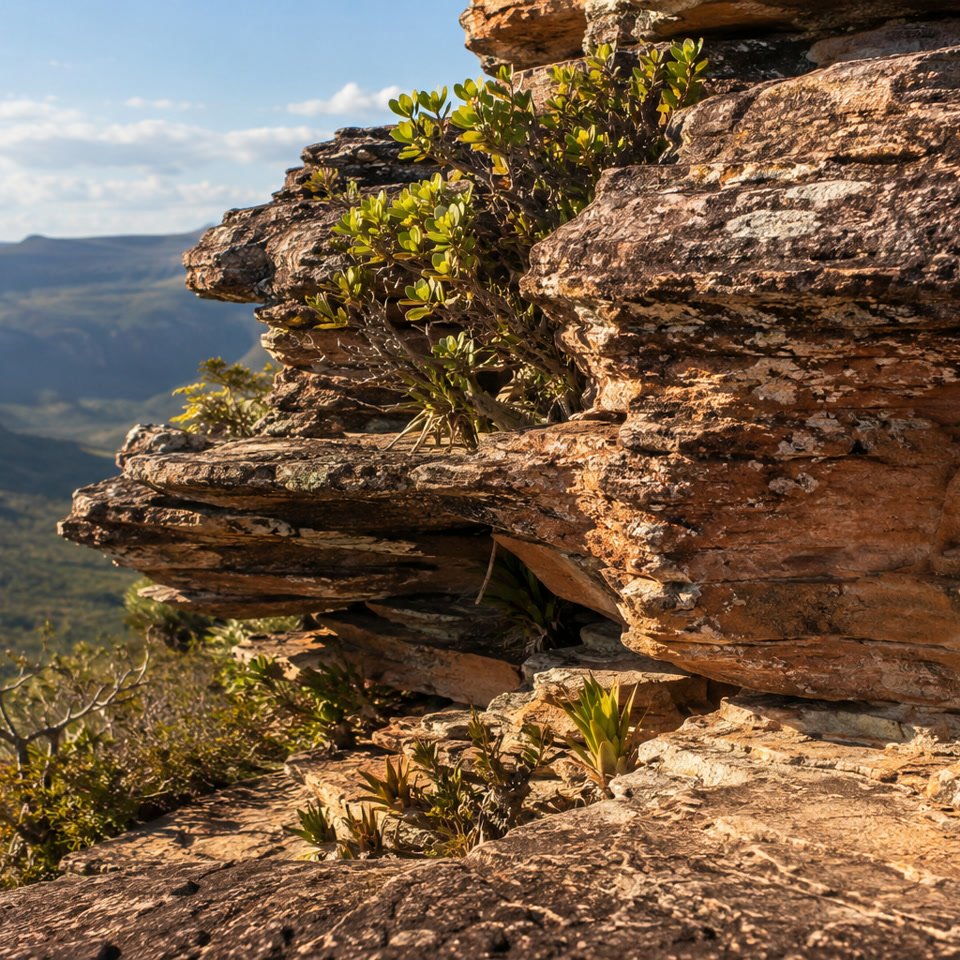 Camadas de pedra e vegetação ilustrativas