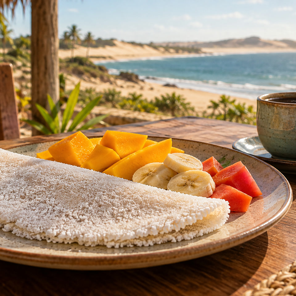 Pausa de tapioca e frutas ilustrativa