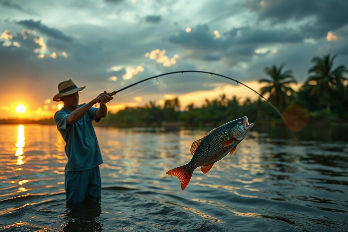 Pescador fisgando um peixe no rio
