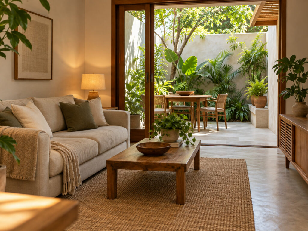Interior de casa fictícia com pátio