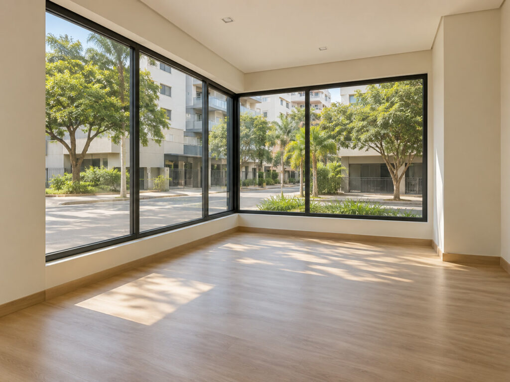 Sala comercial fictícia com janelas de esquina
