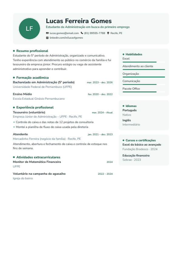 Prévia do currículo Primeiro Emprego