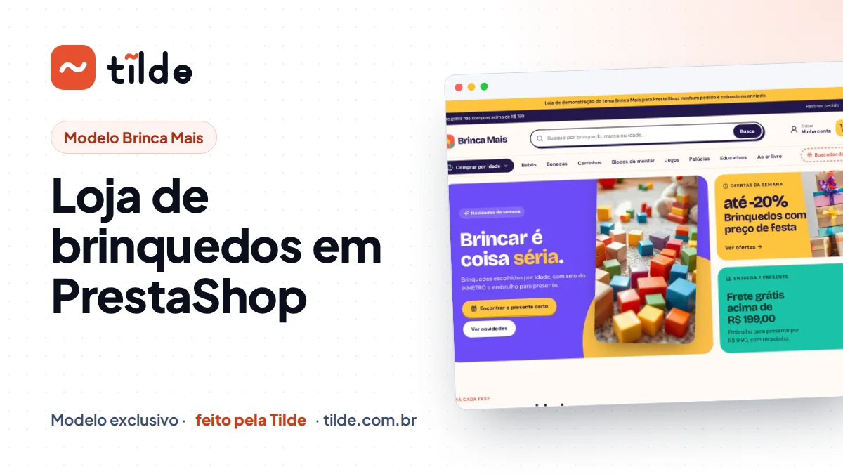 Capa com a marca Tilde e o título Loja de brinquedos em PrestaShop