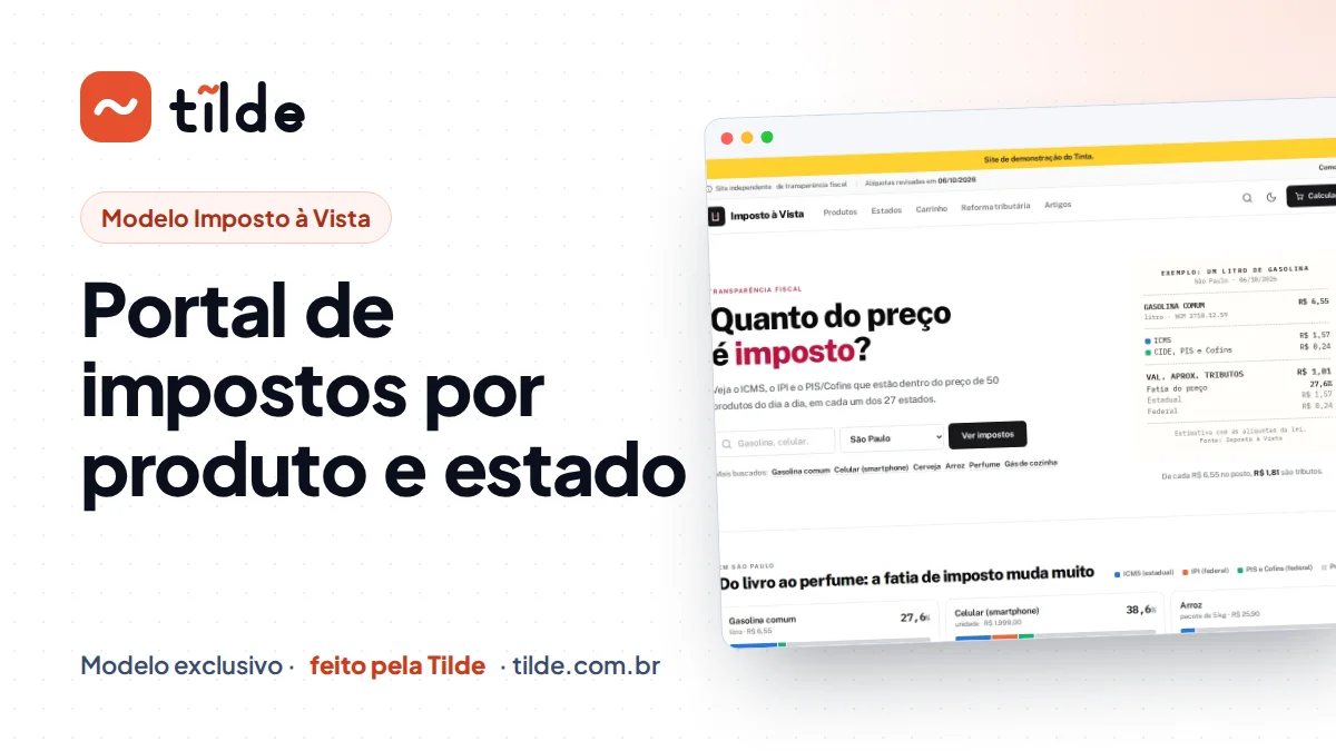 Capa com a marca Tilde e o título Portal de impostos por produto e estado