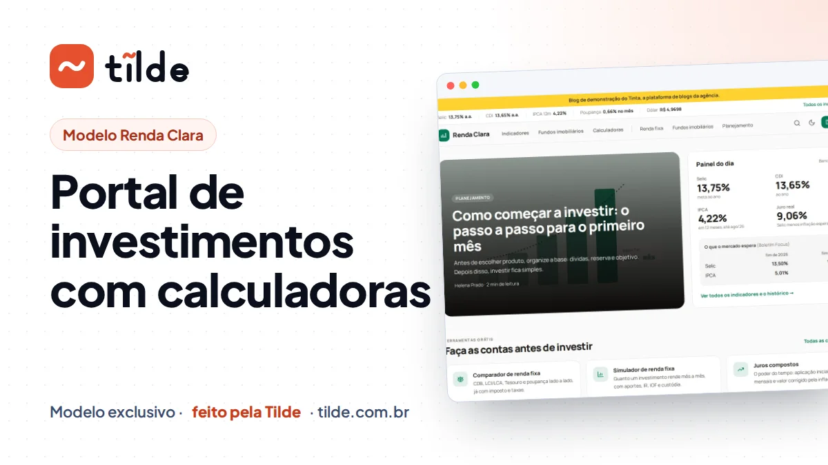 Capa com a marca Tilde e o título Portal de investimentos com calculadoras
