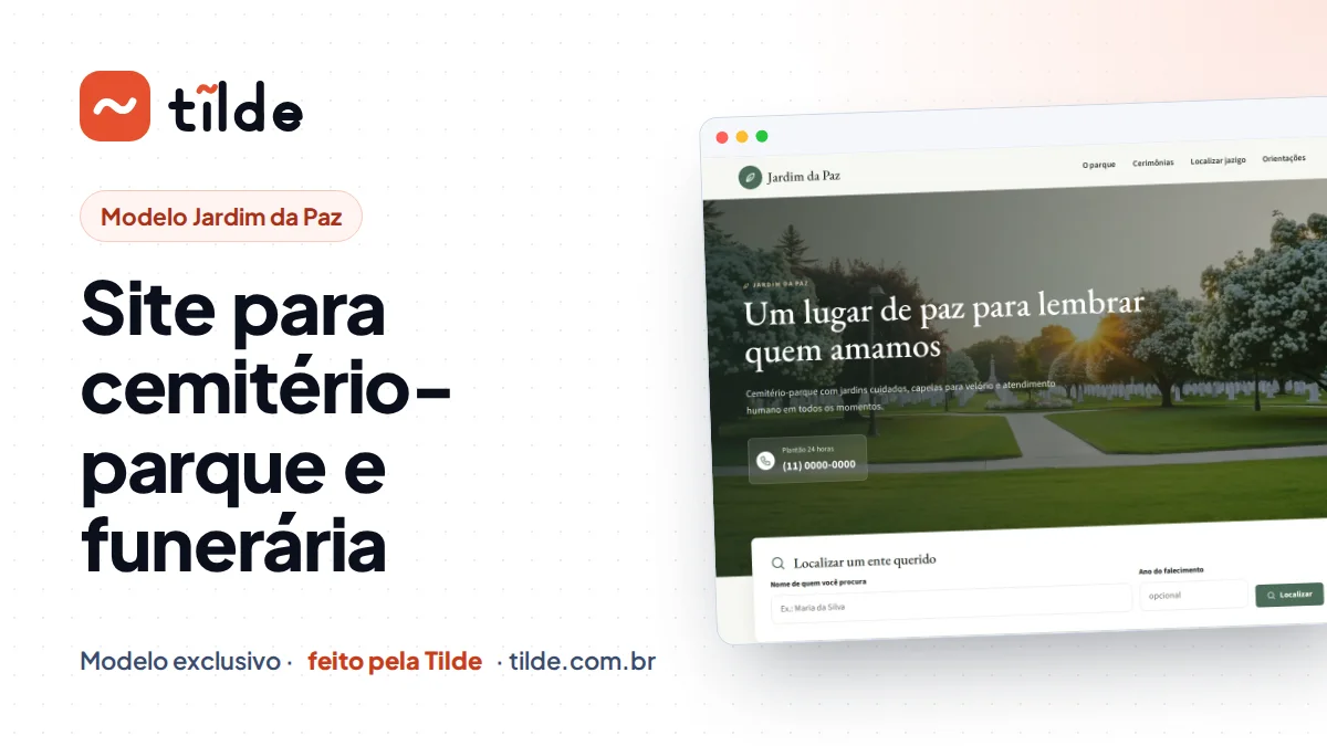 Capa com a marca Tilde e o título Site para cemitério-parque e funerária